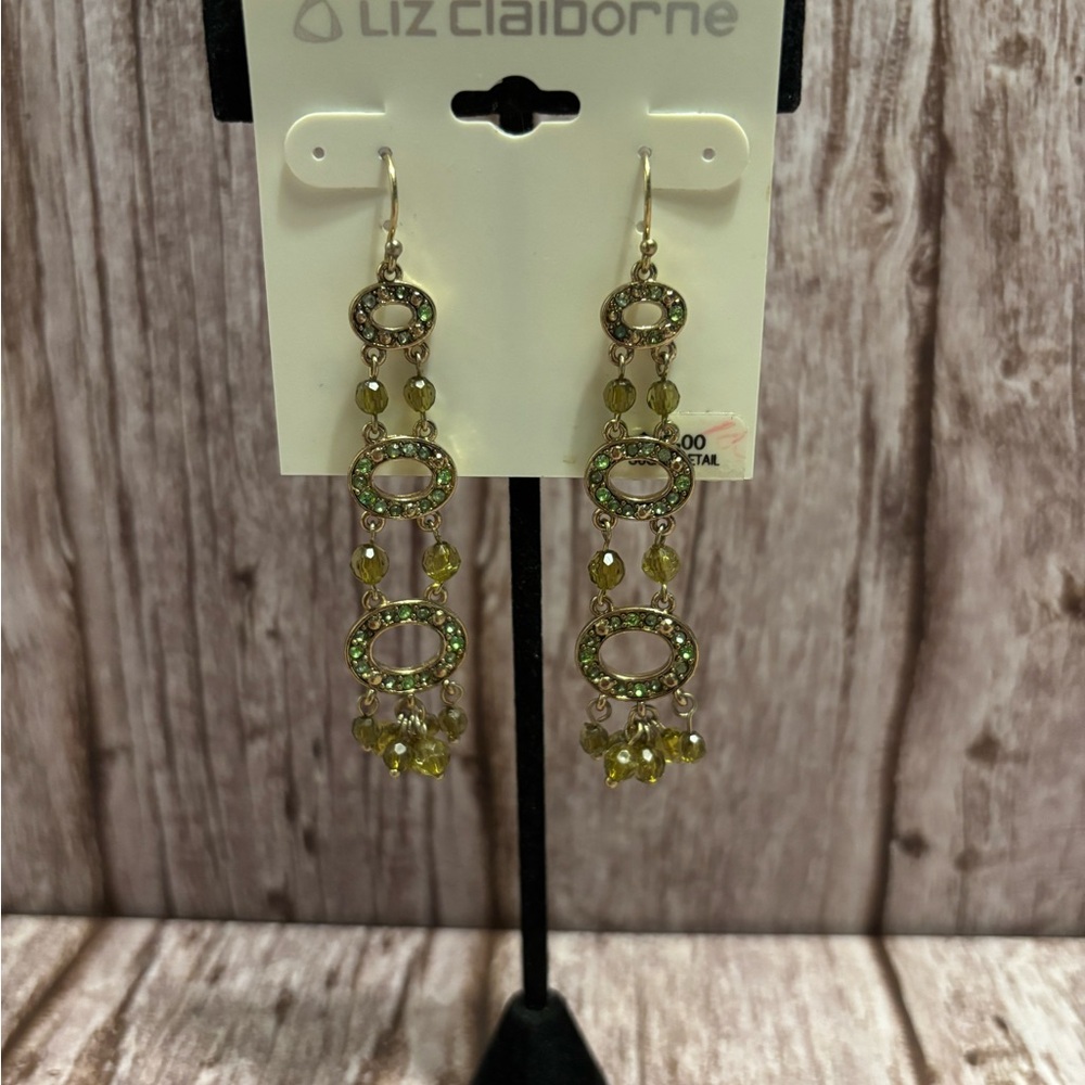 Liz Claiborne Gold Tone Green Crystal Chandelier Earrings 2-3/8”